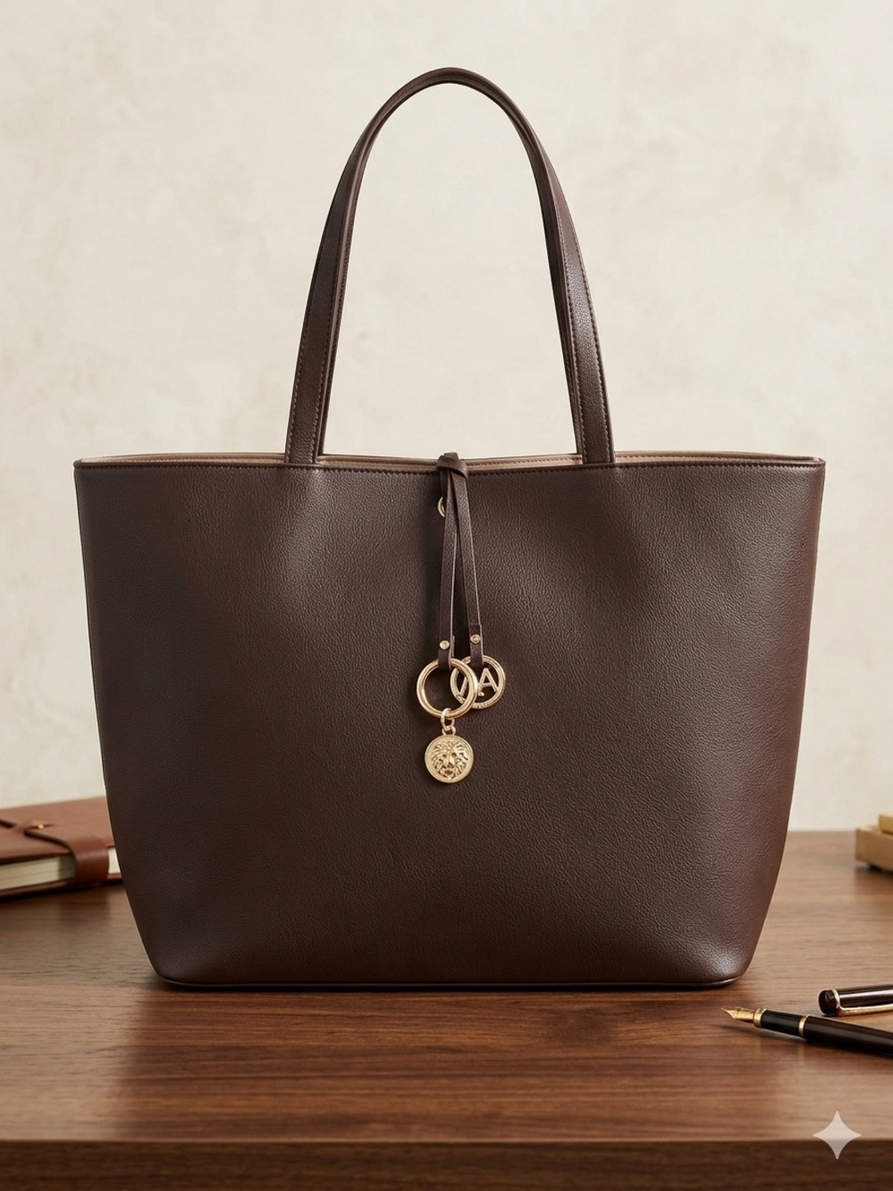 Anne Klein Plum Leather Tote with Gold Charm Accents